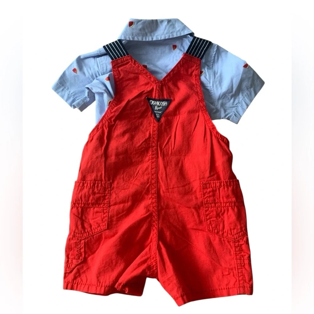 OshKosh B'gosh Toddler Short‎ Overalls Set Red Watermelon Bodysuit Boys 9M
